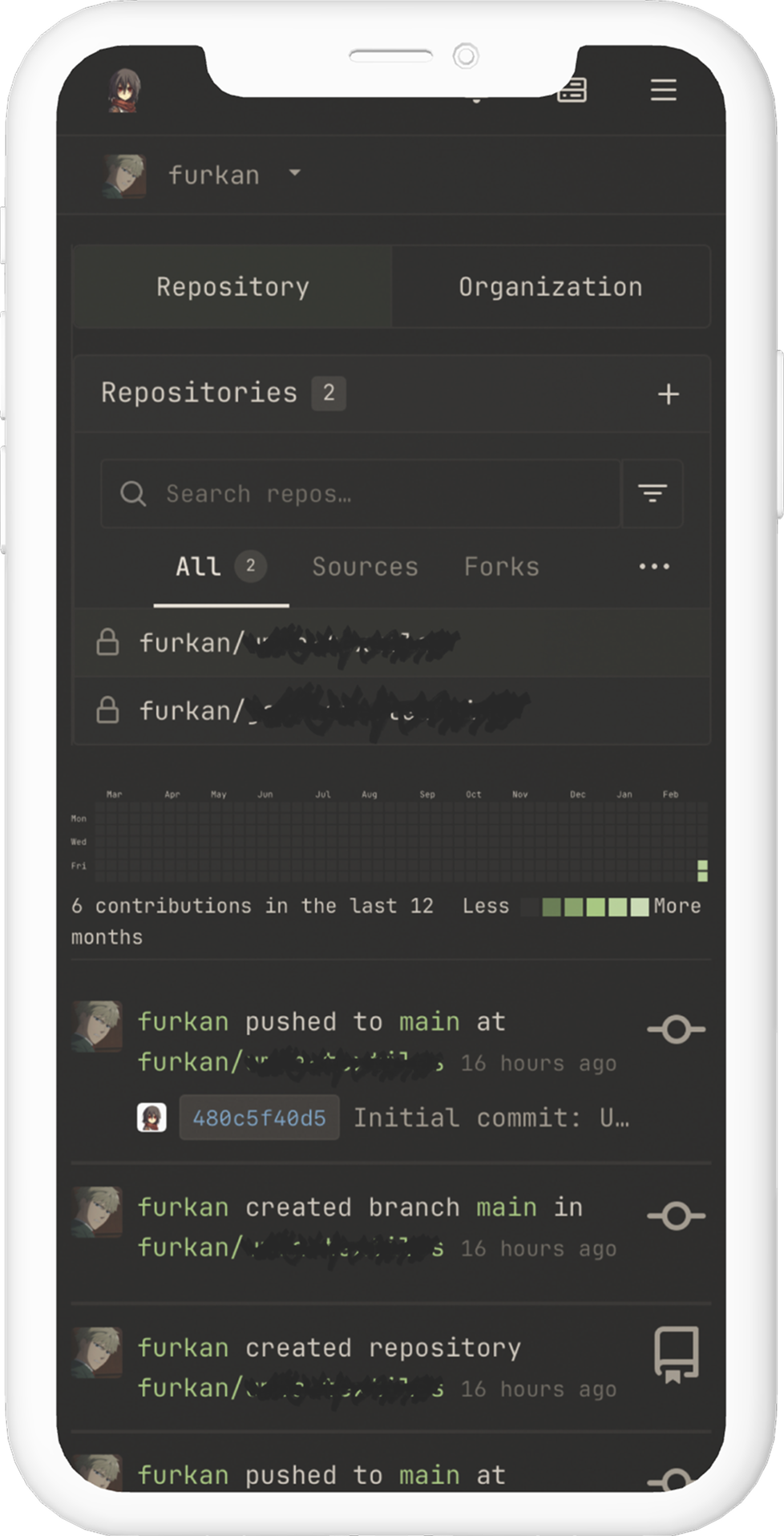gremlin's dashboard on mobile showing repo list, green contribution heatmap, activity feed