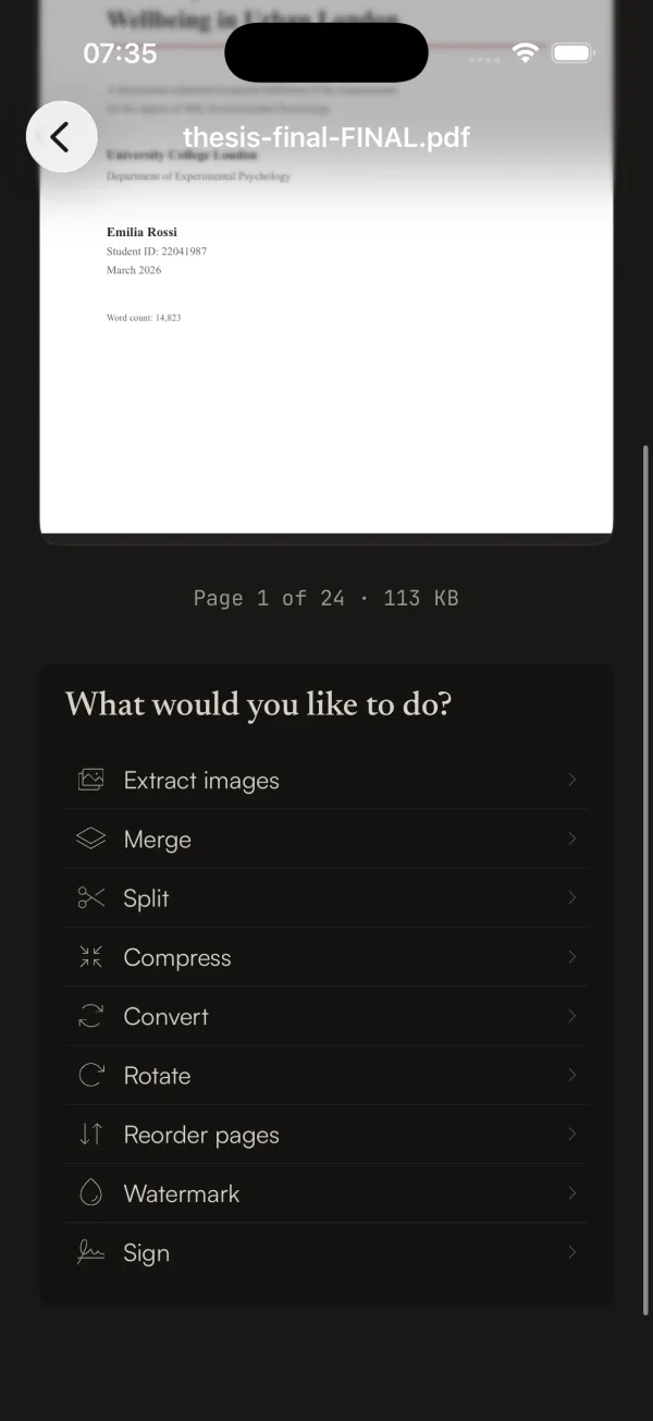 document detail showing all tools available