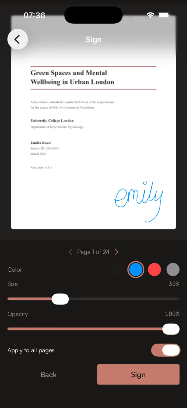 the sign tool with the single accent color visible on the Sign button