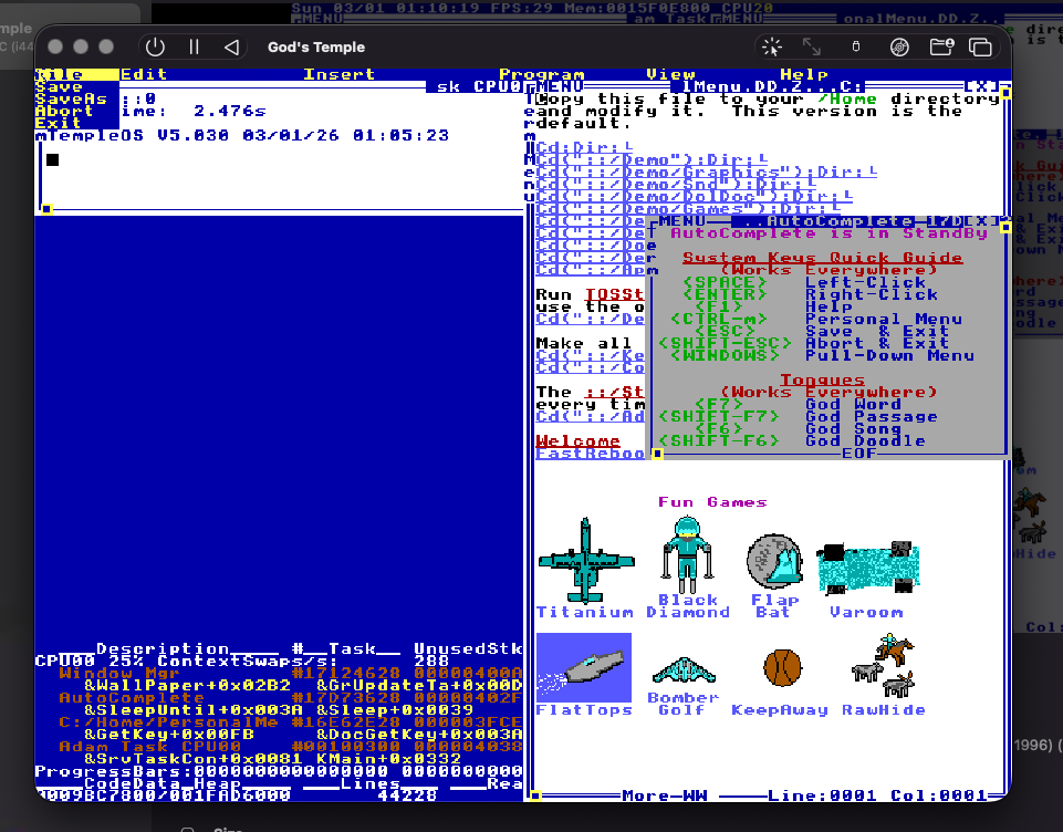 TempleOS desktop chaos on first boot